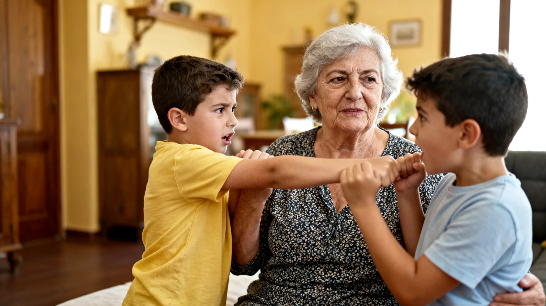 La nonna si trova a gestire situazioni di gelosia e rivalità tra i nipoti bambini, faticando a mantenere un equilibrio affettivo percepito come giusto da tutti. Ogni gesto di attenzione verso uno scatena risentimento nell'altro, creando tensioni continue durante il tempo trascorso insieme."