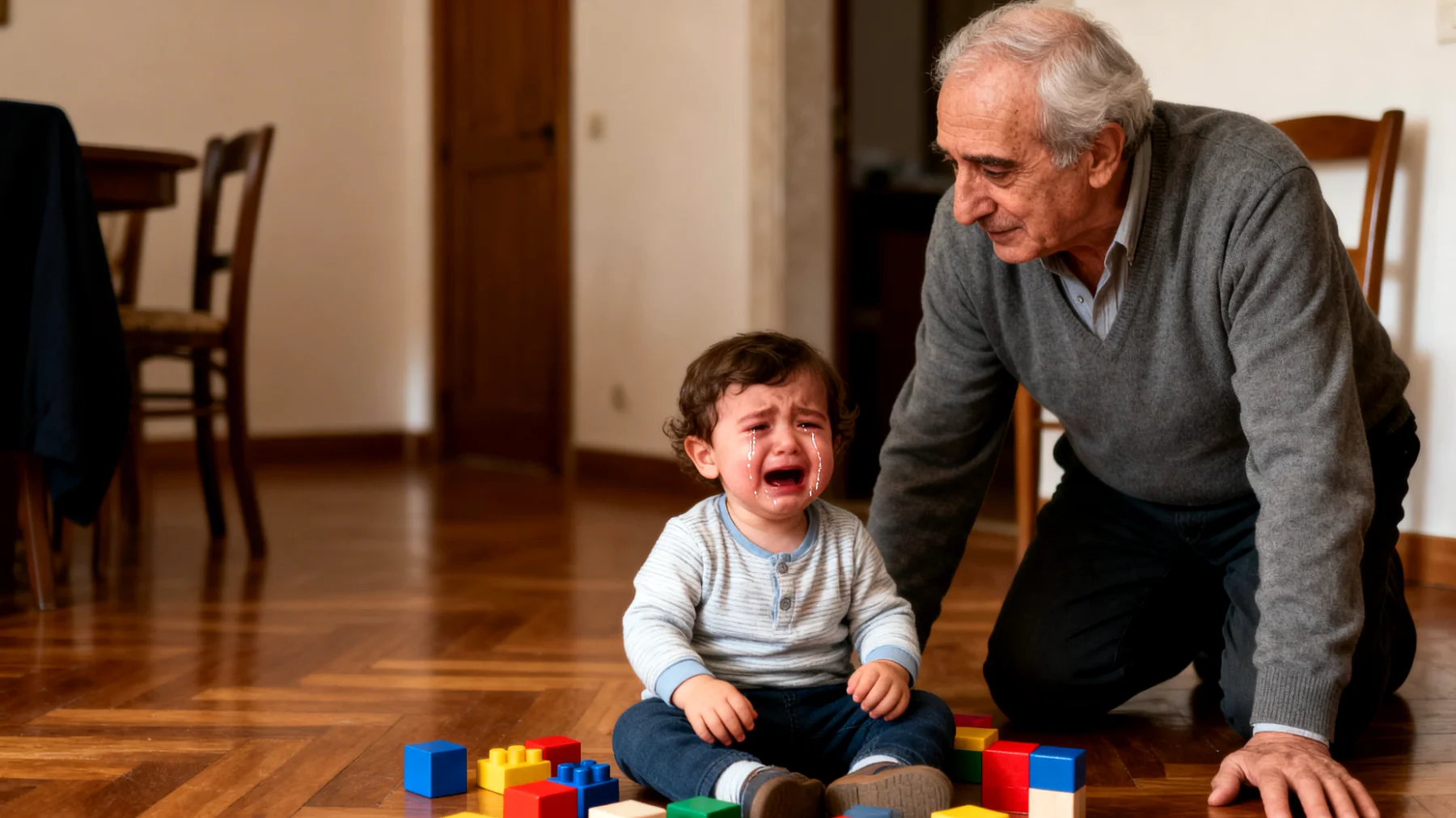 Il nonno osserva che il suo nipotino, di fronte a piccole contrarietà quotidiane — come un gioco che non funziona, un 'no' ricevuto o una torre di mattoncini che crolla — scoppia in pianti inconsolabili o si blocca completamente, incapace di riprendere l'attività. Il nonno non sa come intervenire senza alimentare la frustrazione o viziare il bambino."