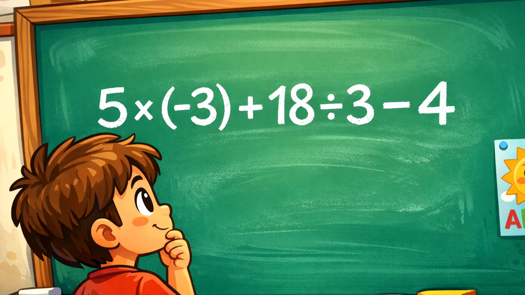 Solo i veri geni risolvono questo in 5 secondi: quanto fa 5 × (-3) + 18 ÷ 3 - 4?"
