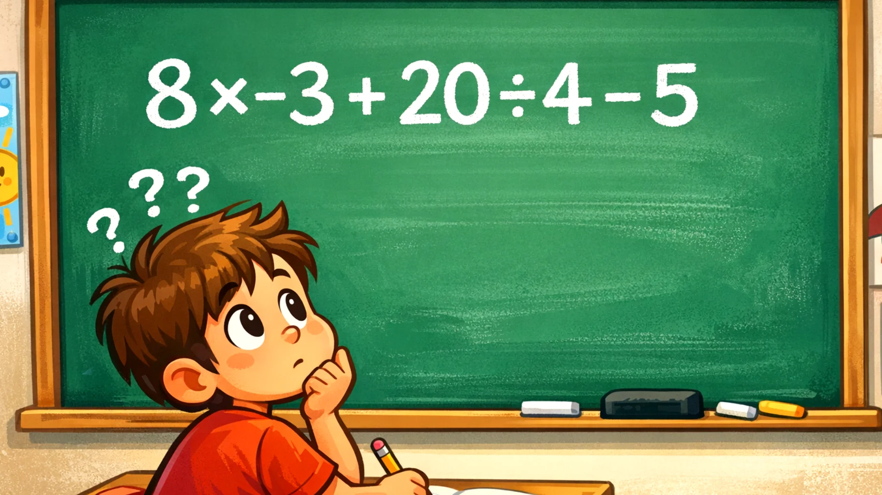 Solo il 10% delle persone calcola questo correttamente: quanto fa davvero 8 × -3 + 20 ÷ 4 - 5? Sfida la tua mente"
